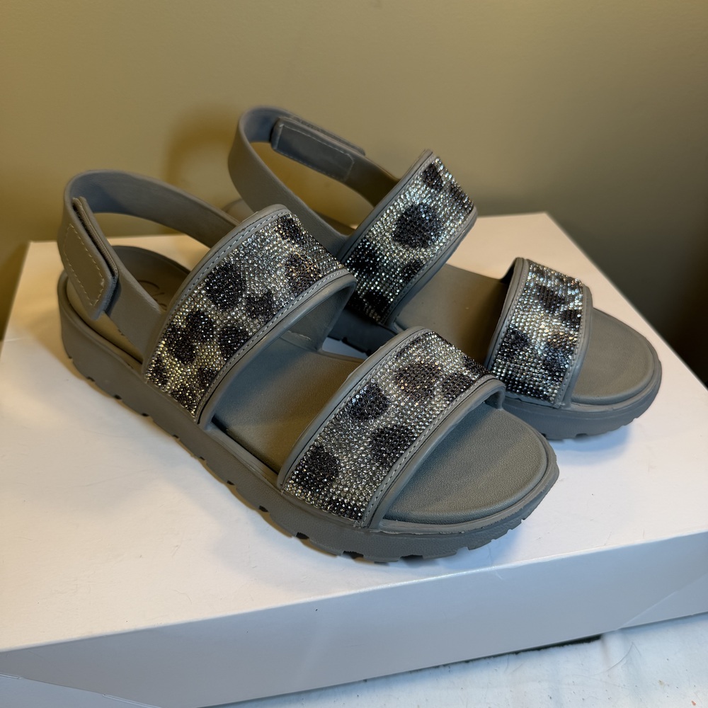 Skechers Foamies Footsteps Women's Sandals Grey Size 9 Rhinestone Leopard Bling